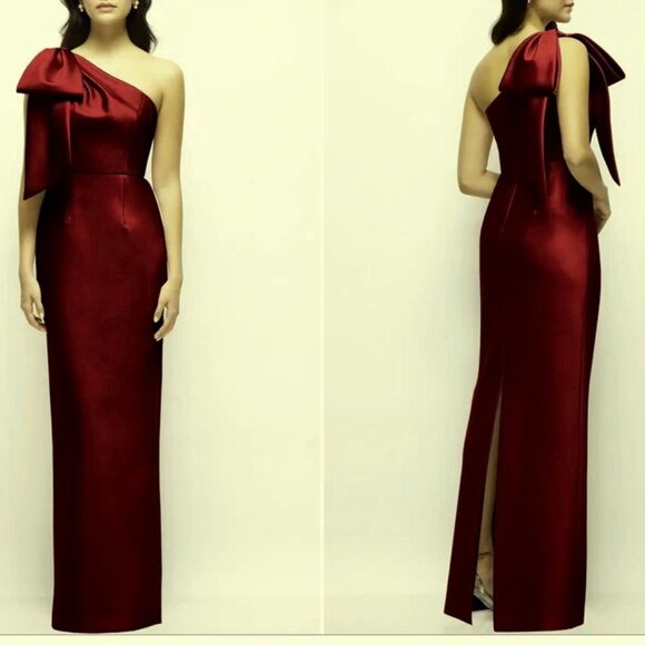Alfred Sung Burgundy Bow One-Shoulder Satin Column Gown D861 - Picture 1 of 3
